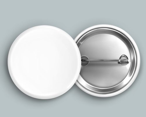 White blank pin button mockup. Round badge vector. 3d metal circle promotional brooch mock up design with shadow. Clean tag top and bottom for campaign advertising. Member name label space frame